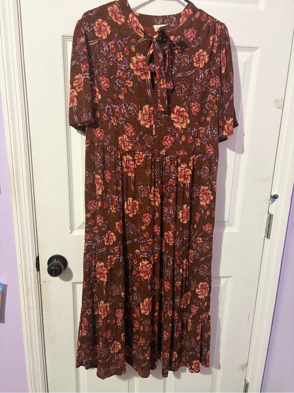 Good Hart Floral Tie Neck Tiered Midi Dress Brown M Cottagecore Boho Fall